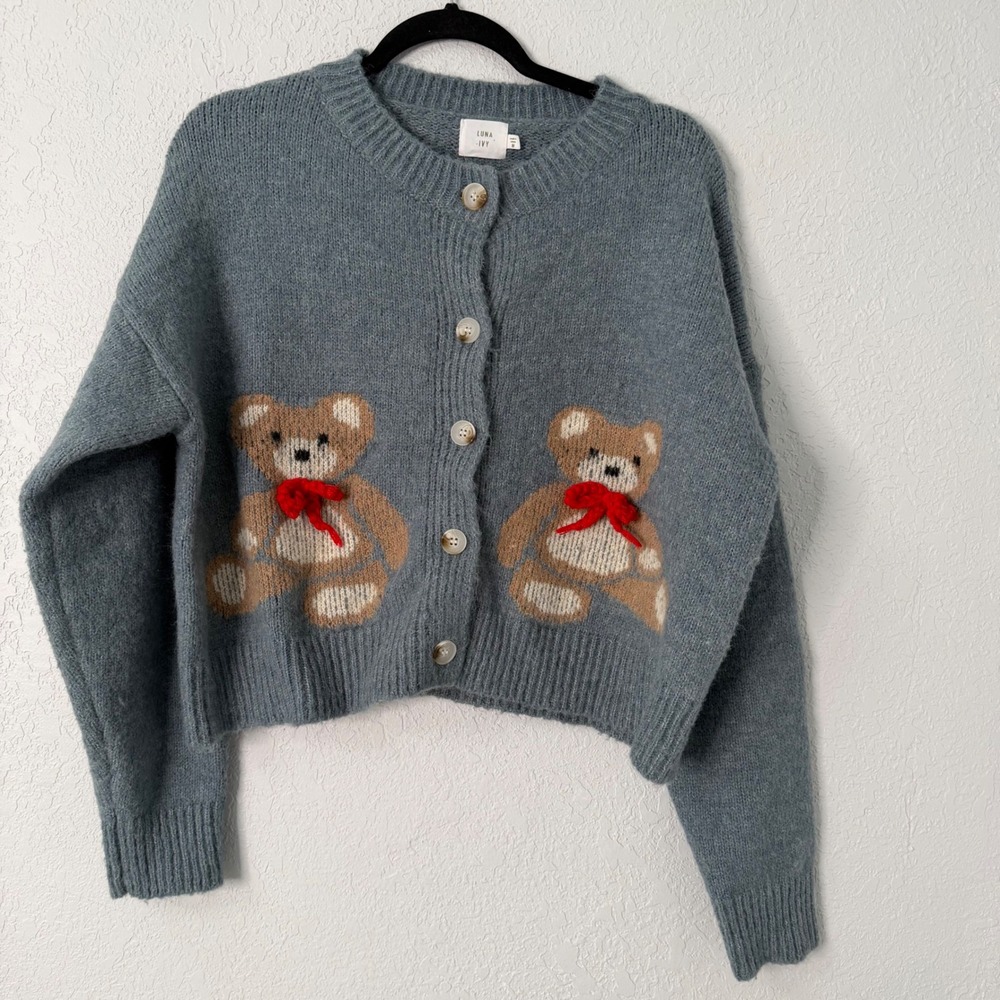 Luna Ivy Blue Teddy Bear Knit Cardigan Sweater with Red Bows Medium